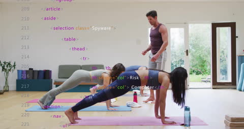 Diverse Group Exercising with Digital Overlay Illustrating Data Concepts