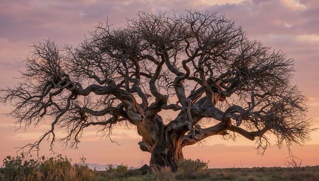 Gnarled ancient tree standing on scrubland at sunset with twisted branch silhouette