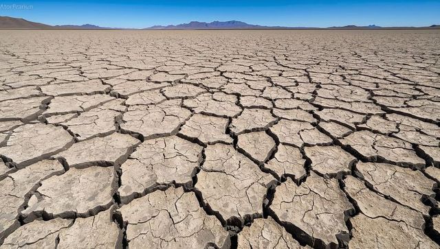 Cracked dry playa with parched polygonal mud plates and distant mountain horizon