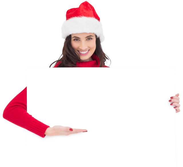 Cheerful Woman in Santa Hat Pointing Towards Transparent White Poster - Download Free Stock Videos Pikwizard.com