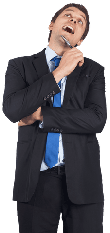 Caucasian Businessman in Suit Looking Up with Pen on Transparent Background