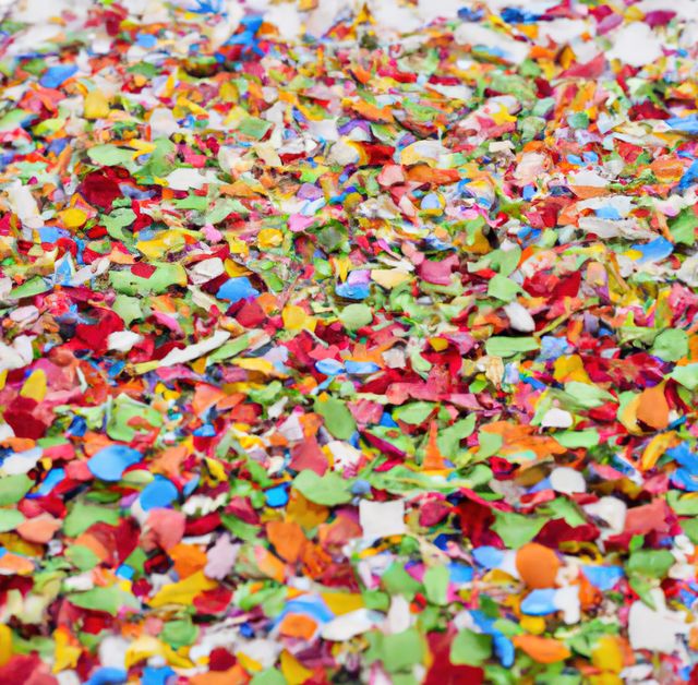 A vibrant, multicolored confetti spread on the ground, creating a festive and joyful atmosphere. Ideal for use in designs relating to celebrations, parties, events, or holiday occasions to add a pop of color and excitement. This image can be used for backgrounds, marketing materials, or festive cards.