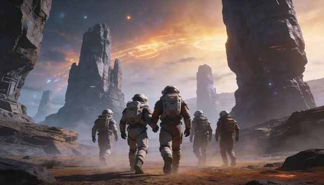 Expedition crew trekking alien desert toward towering monoliths under nebula