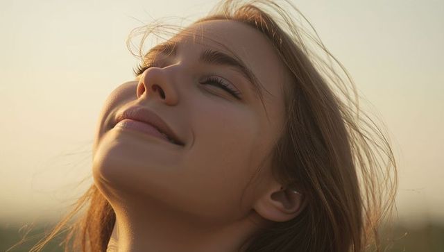 Serene golden hour portrait of smiling adolescent female tilting face toward sunset light