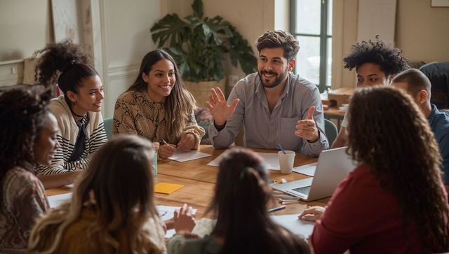 Bearded leader guiding diverse team through collaborative brainstorming around office table