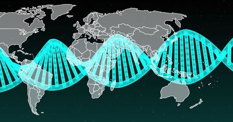 DNA Strand Overlay on World Map Connecting Science Globally