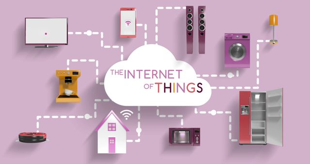 Home appliances connecting through cloud computing against pink background