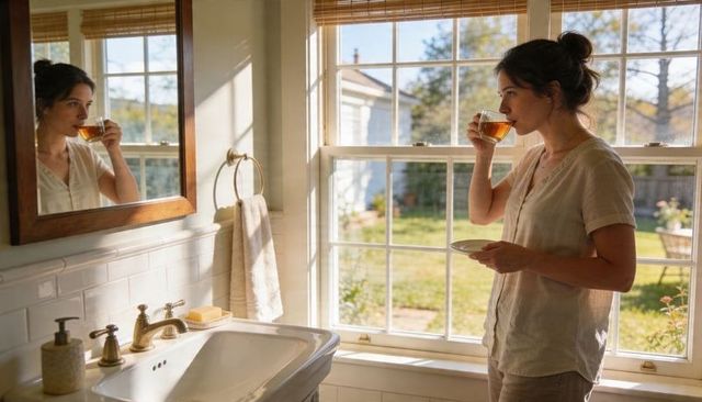Sipping tea at sunlit bathroom vanity in linen shirt, morning calm and minimalist home