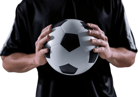 Midsection of football player holding ball transparent