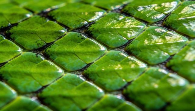 Displaying overlapping emerald green reptile scales macro close-up with keratin texture