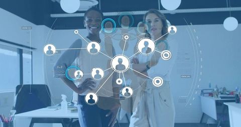 Diverse female leaders standing in office with digital network overlay showing team collaboration