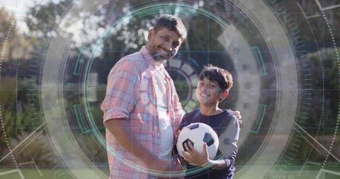 Father and Son Embracing with Soccer Ball in Backyard with Futuristic HUD Overlay