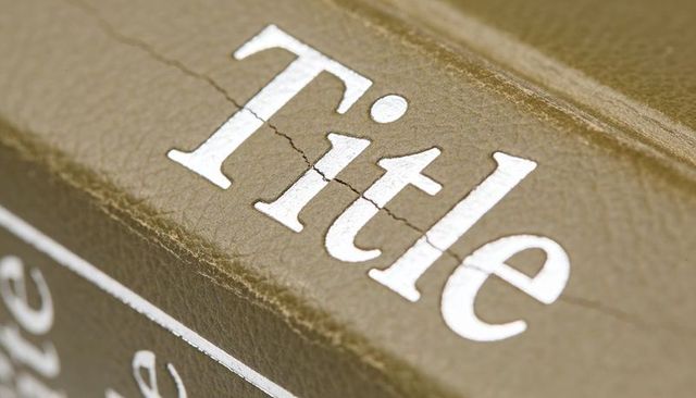 Close-up of vintage hardcover book spine showing embossed white title and cracked leather