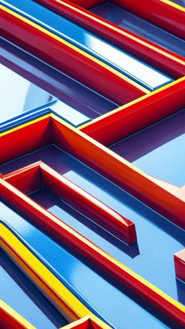 Vertical pan revealing glossy 3D maze with red walls and reflective blue floor, cinematic motion