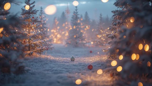 Resting bauble glittering on snowy twilight clearing with warm bokeh lights on fir trees