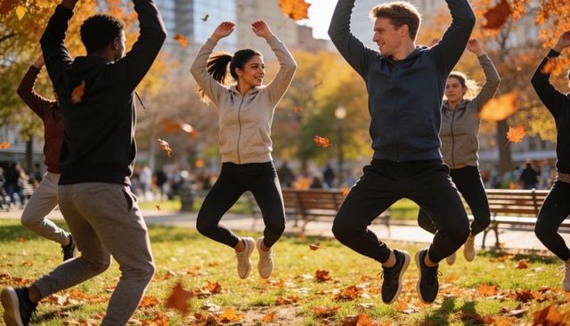 Autumn group fitness jumping in city park, outdoor workout class energy