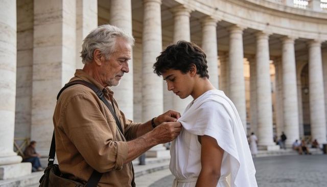 Elder helping young man adjust white tunic at classical colonnade plaza