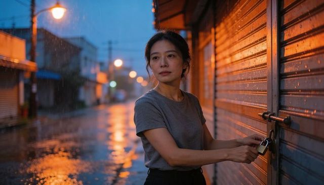 Asian woman locking storefront shutter in rainy dusk on quiet urban commercial street