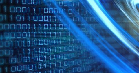 Streaming binary matrix with neon blue motion trails sweeping futuristic data network