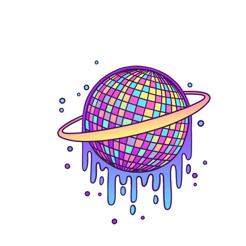 Vibrant dripping disco ball planet on transparent background