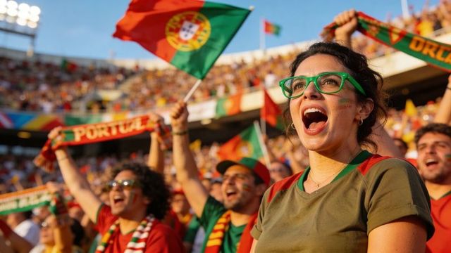 Cheering portuguese football fans waving flags and scarves in sunny stadium crowd