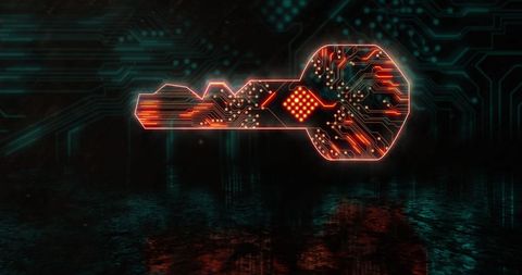glowing digital key overlayed on a blue processor is a powerful illustration of modern data security and digital access. useful for concepts in encryption, cybersecurity features, and data processing methods for marketing materials, educational publications, tech blogs, and dynamic presentations seeking to convey secure and advanced technological interfaces.
