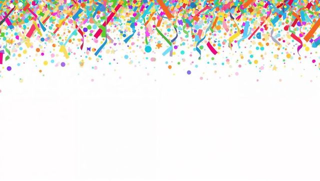 Vibrant confetti border celebrating party header with streamers ribbons and star confetti