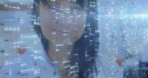 Female scientist analyzing digital data in modern research lab