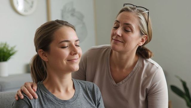 Comforting mother supporting calm daughter on sofa at home | tender family connection