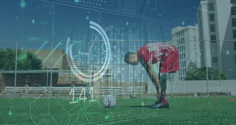 Football Player with Prosthetic Leg and Digital Data Overlay