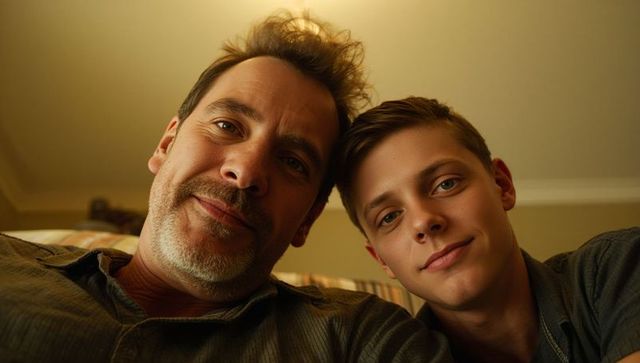 Father and Teen Son Taking Cozy Home Selfie on Couch, Smiling Warm Family Portrait