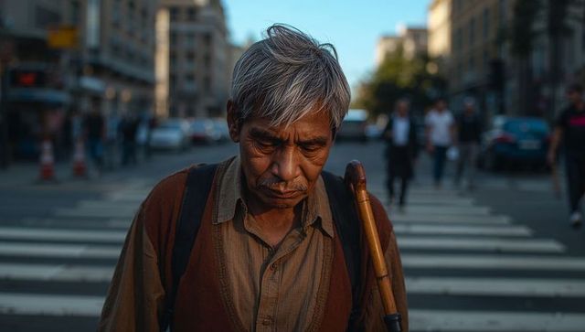 Walking senior man carrying wooden cane with backpack straps on city crosswalk during golden hour