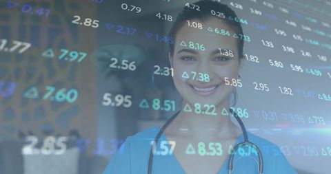 Nurse in Scrubs with Stethoscope Analyzing Digital Financial Data Overlay
