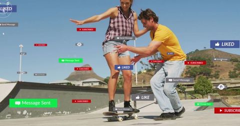 Helping man steadying woman on skateboard in skatepark with floating social media icons