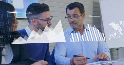 Diverse Team Collaborating on Financial Data Analysis with Digital Graphics