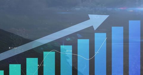 Bar Chart with Growth Arrow on Scenic Coastal Background
