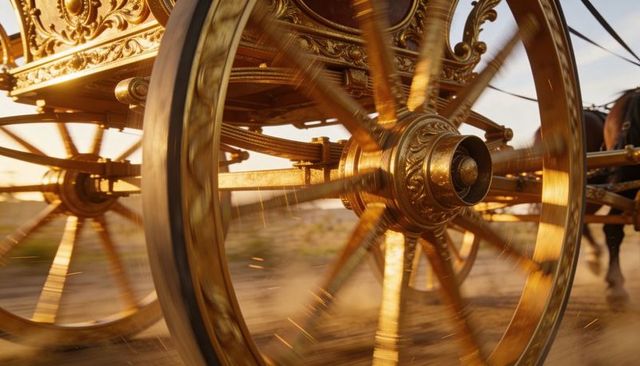 Gilded carriage wheel spinning on dusty plain with spark trails and ornate filigree