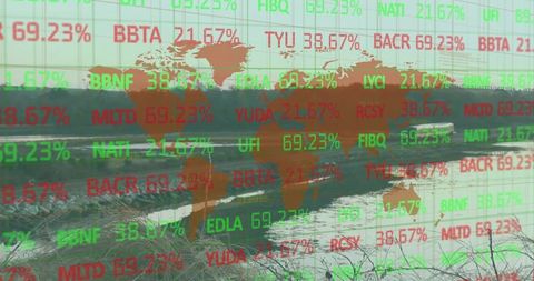 Global market data overlaying riverside marshland - tickers, world map, water reflections