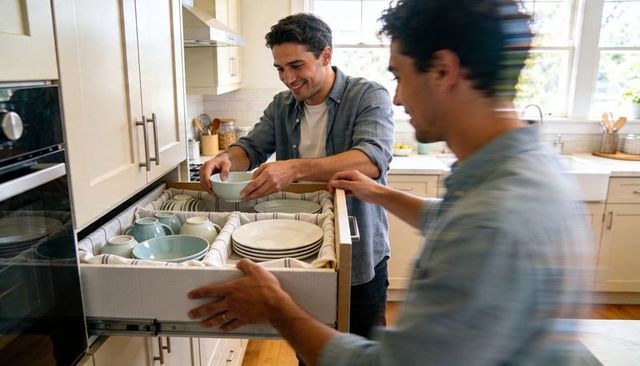 Two men organizing dishware in pullout kitchen drawer in sunlit modern kitchen