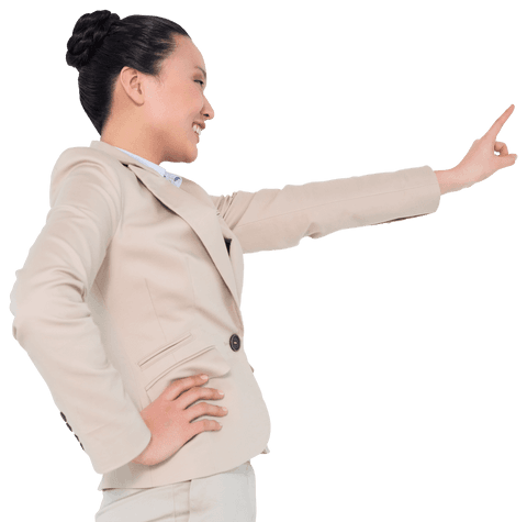 Happy Asian Businesswoman Pointing Confidently Transparent Background