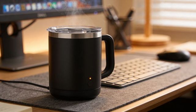 Glowing electric heated mug sitting on home office desk felt mat with amber led and keyboard