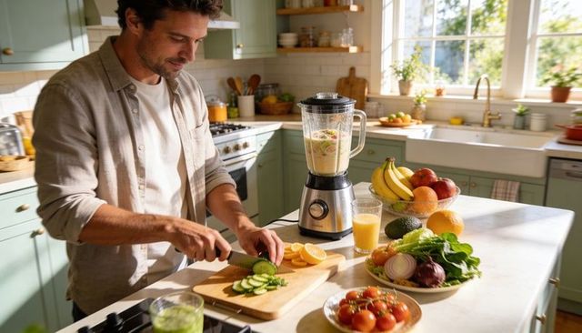 Man chopping cucumber and slicing produce in sunlit home kitchen with blender on island