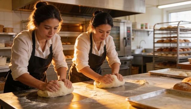 Sunlit artisan bakery bakers kneading dough on stainless prep table crafting bread