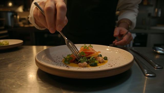 Chef plating gourmet salmon with microgreens and sauce at professional kitchen station