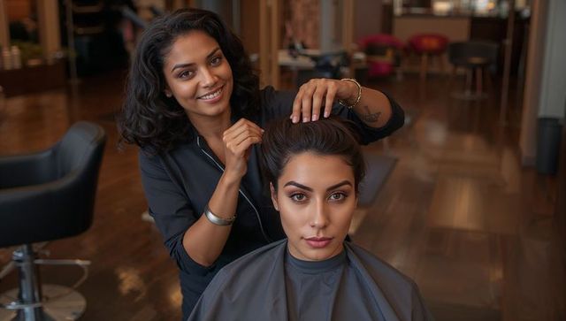 Hairstylist examining client hair in luxurious salon environment