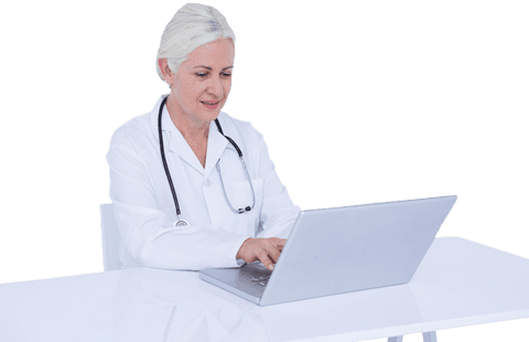 Senior Doctor Typing on Laptop Transparent Background
