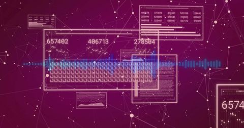 Data dashboard visualizing network analytics with virtual keyboard ui, waveform and node grid