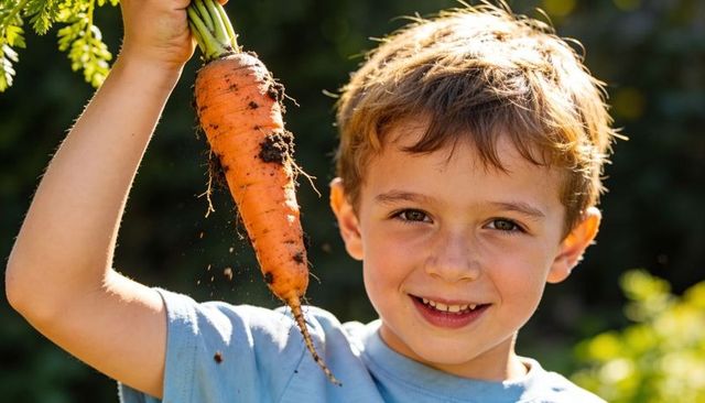 Smiling boy holding fresh dirt-covered carrot harvest from backyard garden in sunlight