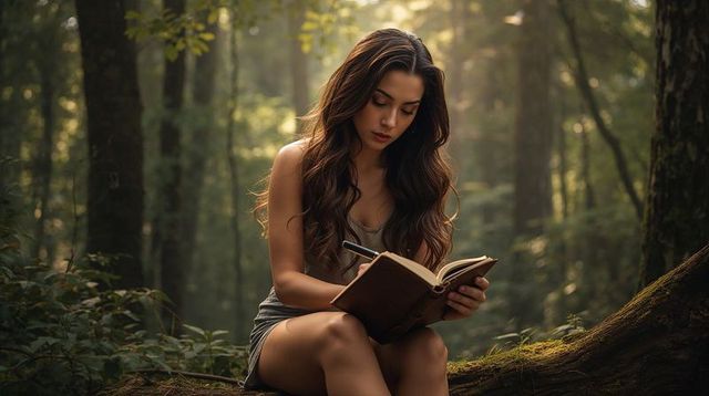 Young woman writing in leather journal on mossy log under sunlit forest canopy