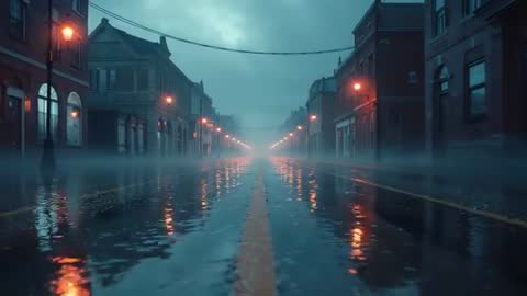 Moody Urban Street Drenched in Twilight Rain and Mist